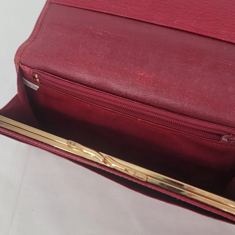 Valentino Pasini Red Leather Long Kiss Lock Wallet Gold Tone Hardware